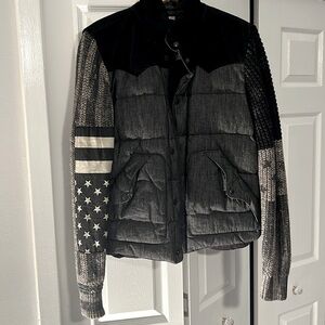 Ralph Lauren. Gently used black vest with gray sweater sleeves. Rare deadstock